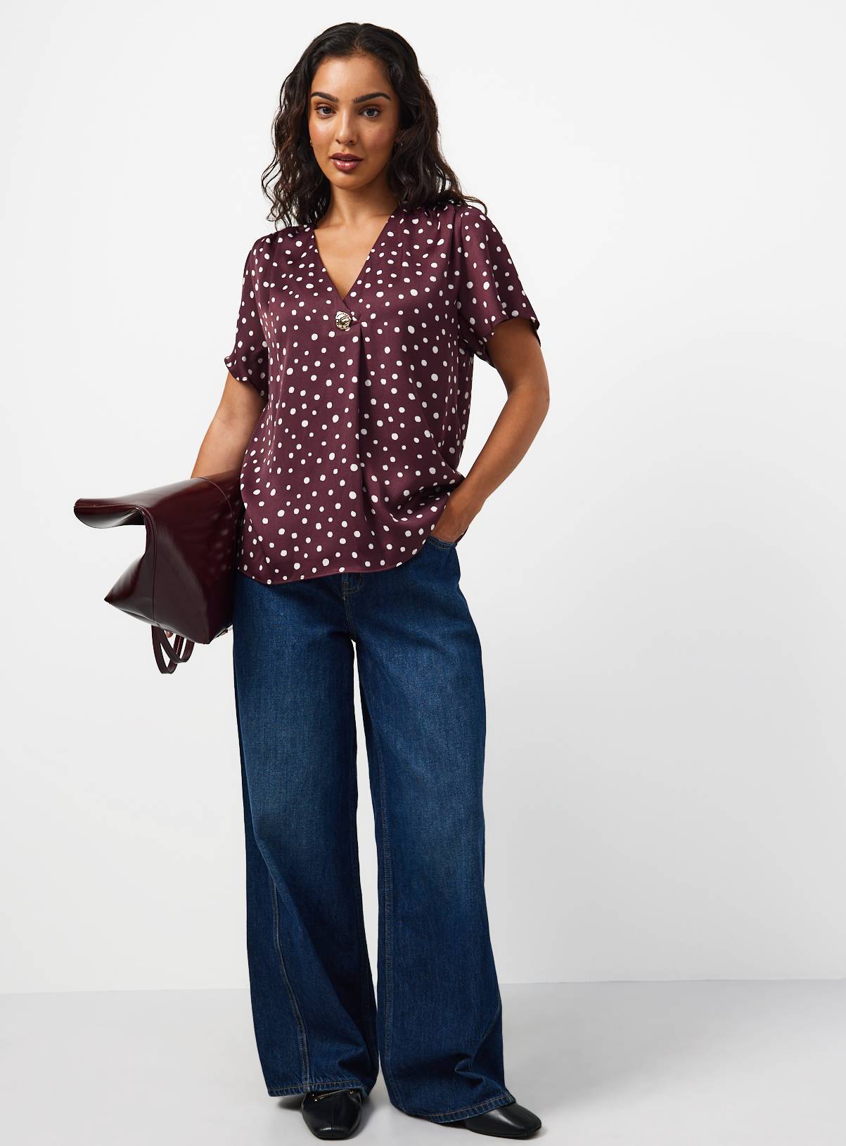 Dark Red Pleated Button Front Top 22 - Image 2